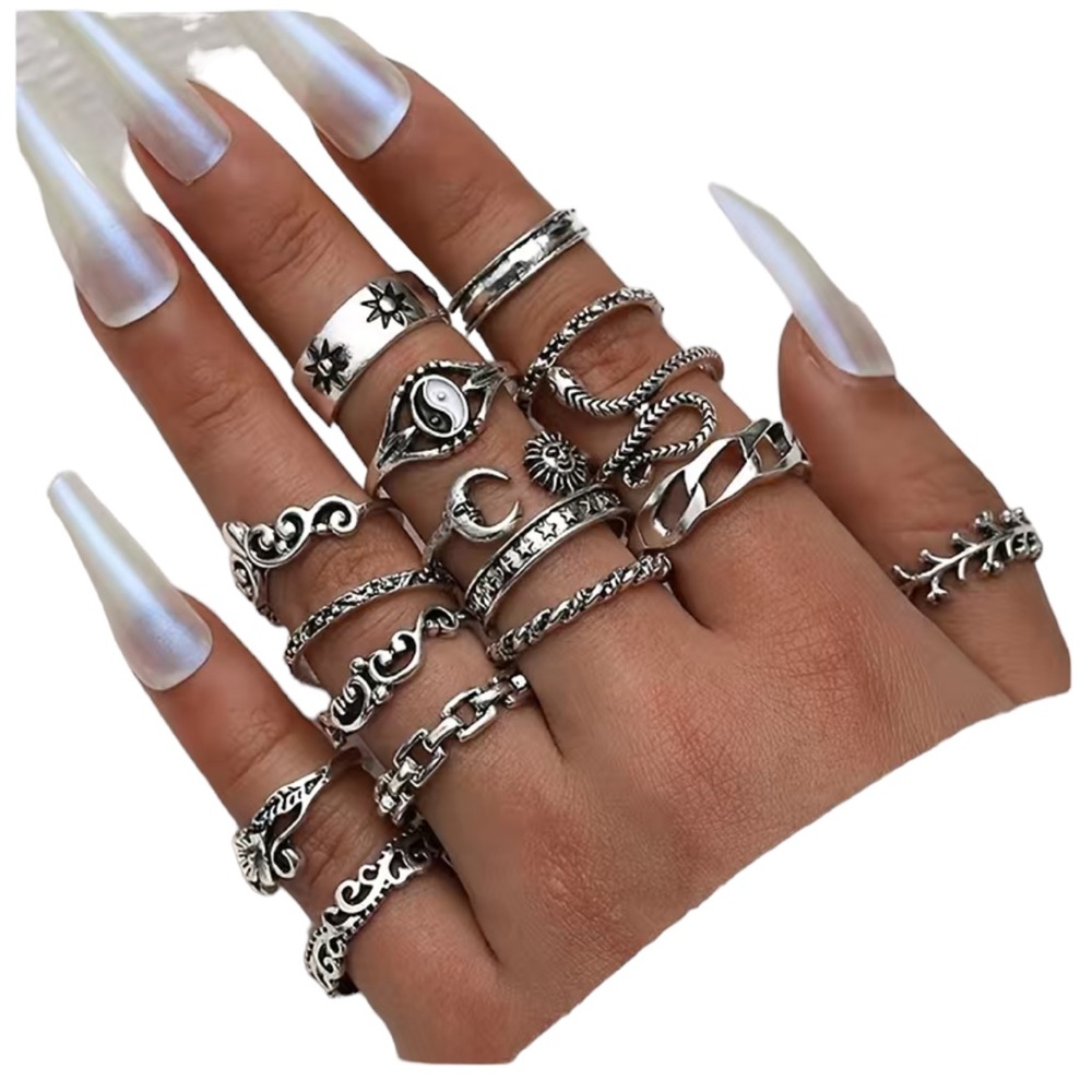 16 Piece Silver Designed Ring Set